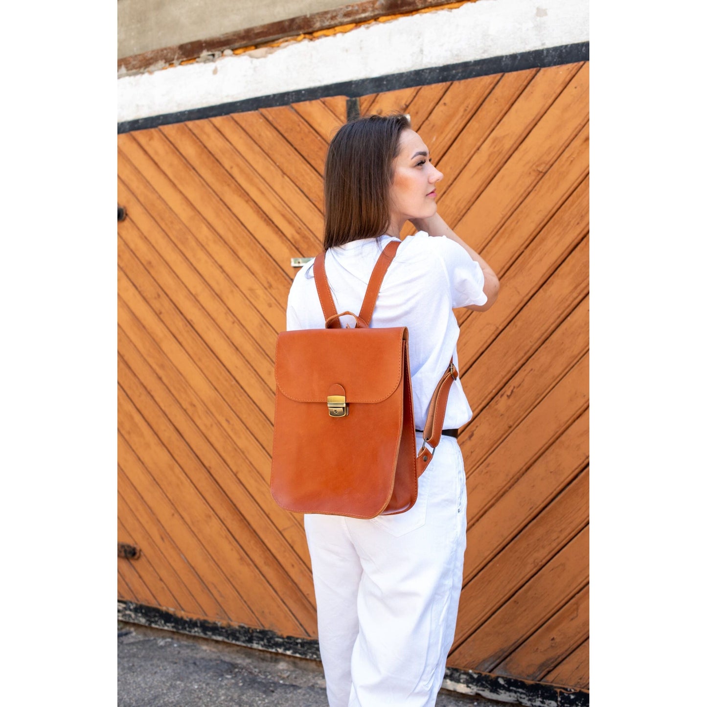 Natural Leather Saddle Backpack - Light Brown