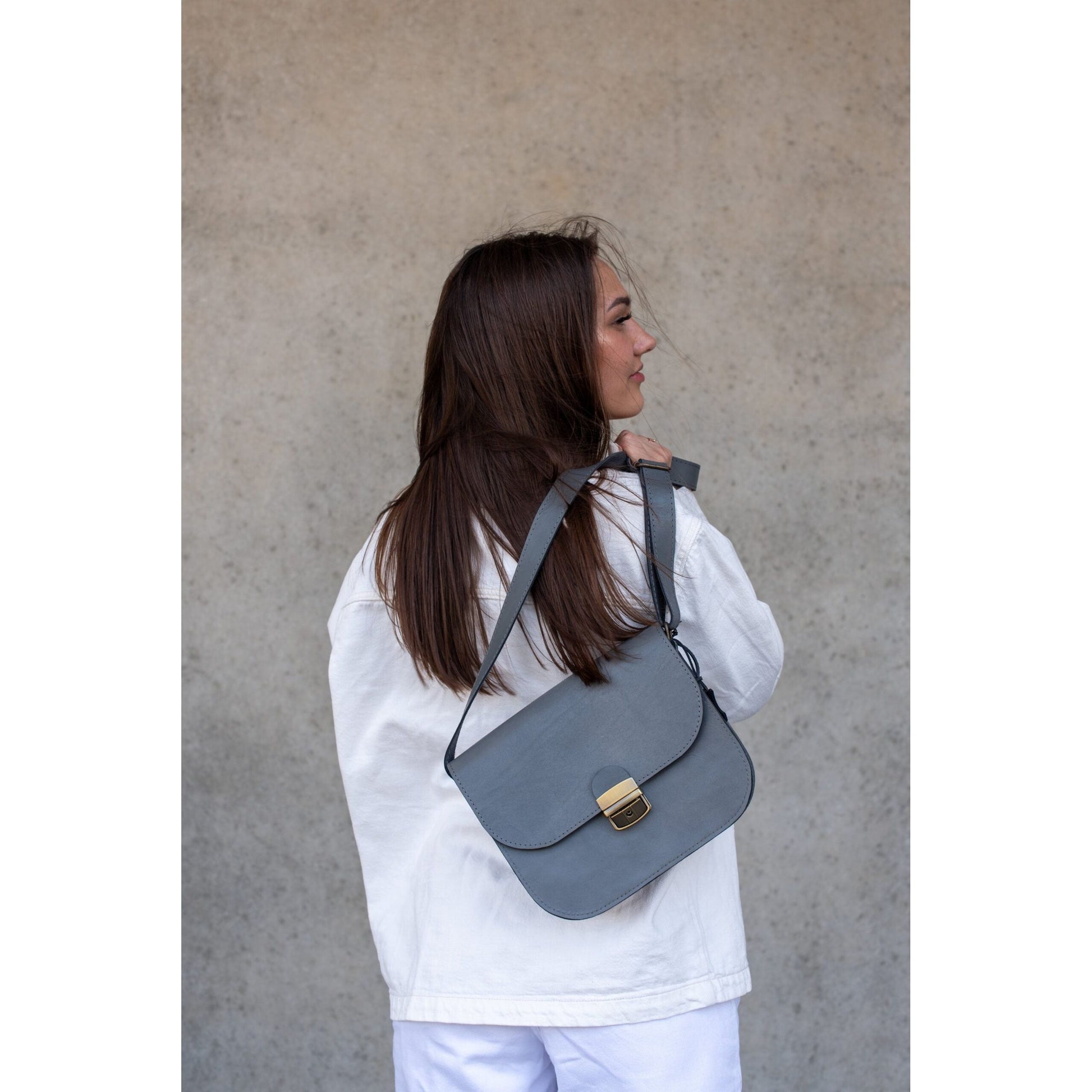 Natural Leather Saddle Bag Large – Grey