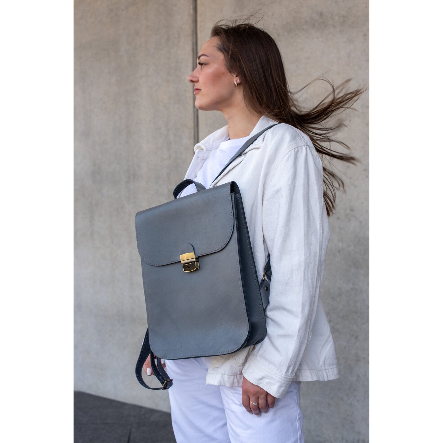 Natural Leather Saddle Backpack - Grey