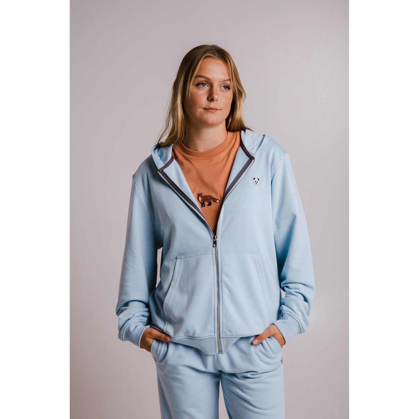 Panda Soft Fleece -vetoketjullinen huppari - Vaaleansininen