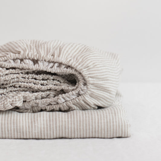 Pellavainen muotoonommeltu aluslakana Natural Stripes (180x200x30 cm) - Linen Tales
