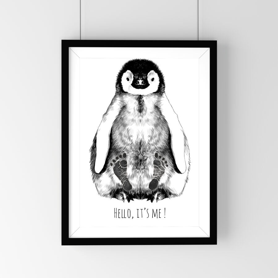 Personalized Baby Penguin Footprint Kit, A4 - Black frame - Kotikauppa