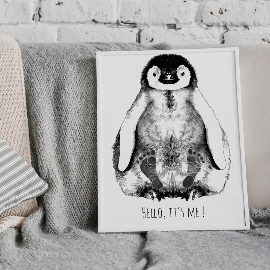 Personalized Baby Penguin Footprint Kit, A4 - White frame - Kotikauppa
