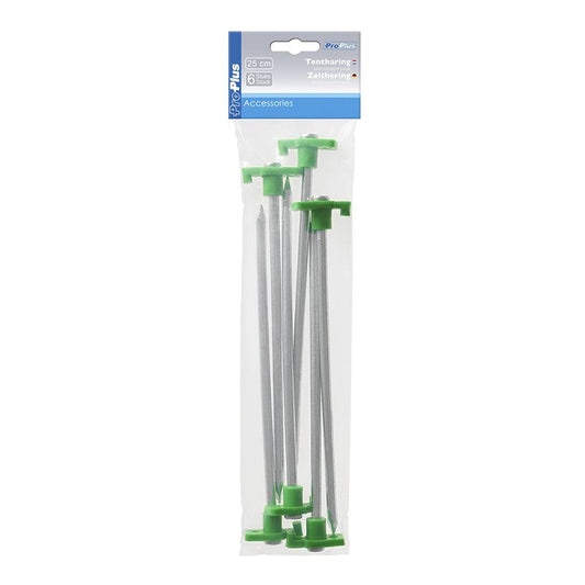 Pimeässä hohtava metallinen telttakiila 25 cm muovikoukulla 6 kpl sisään polyeteenipussissa | 364675S | 8717249105510 | Kotikauppa | ProPlus