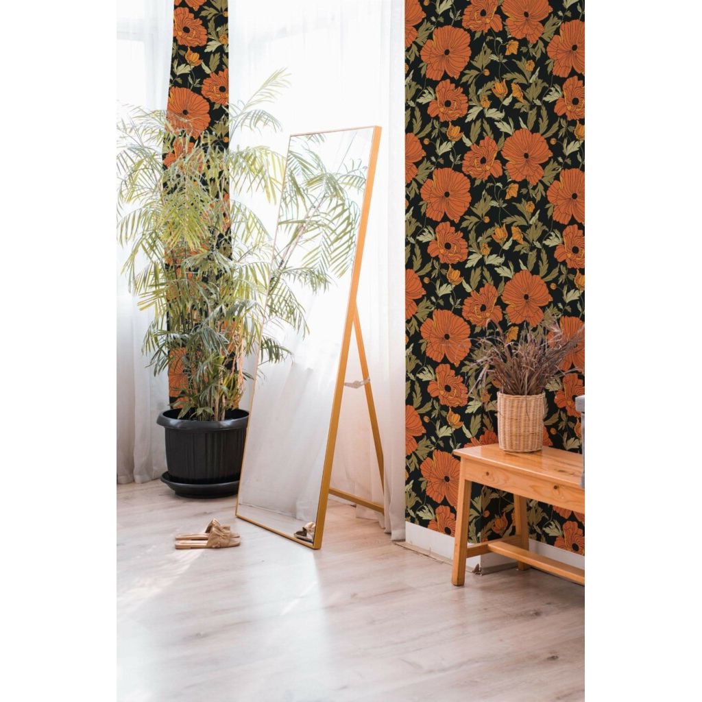 Red and black poppy floral (itseliimautuva) - Kotikauppa