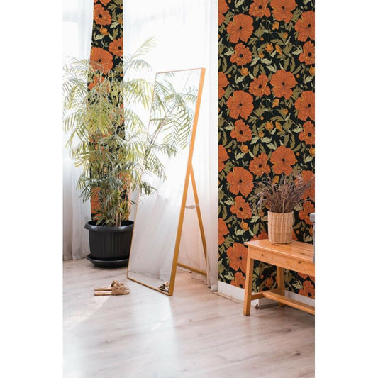 Red and black poppy floral (itseliimautuva) - Kotikauppa