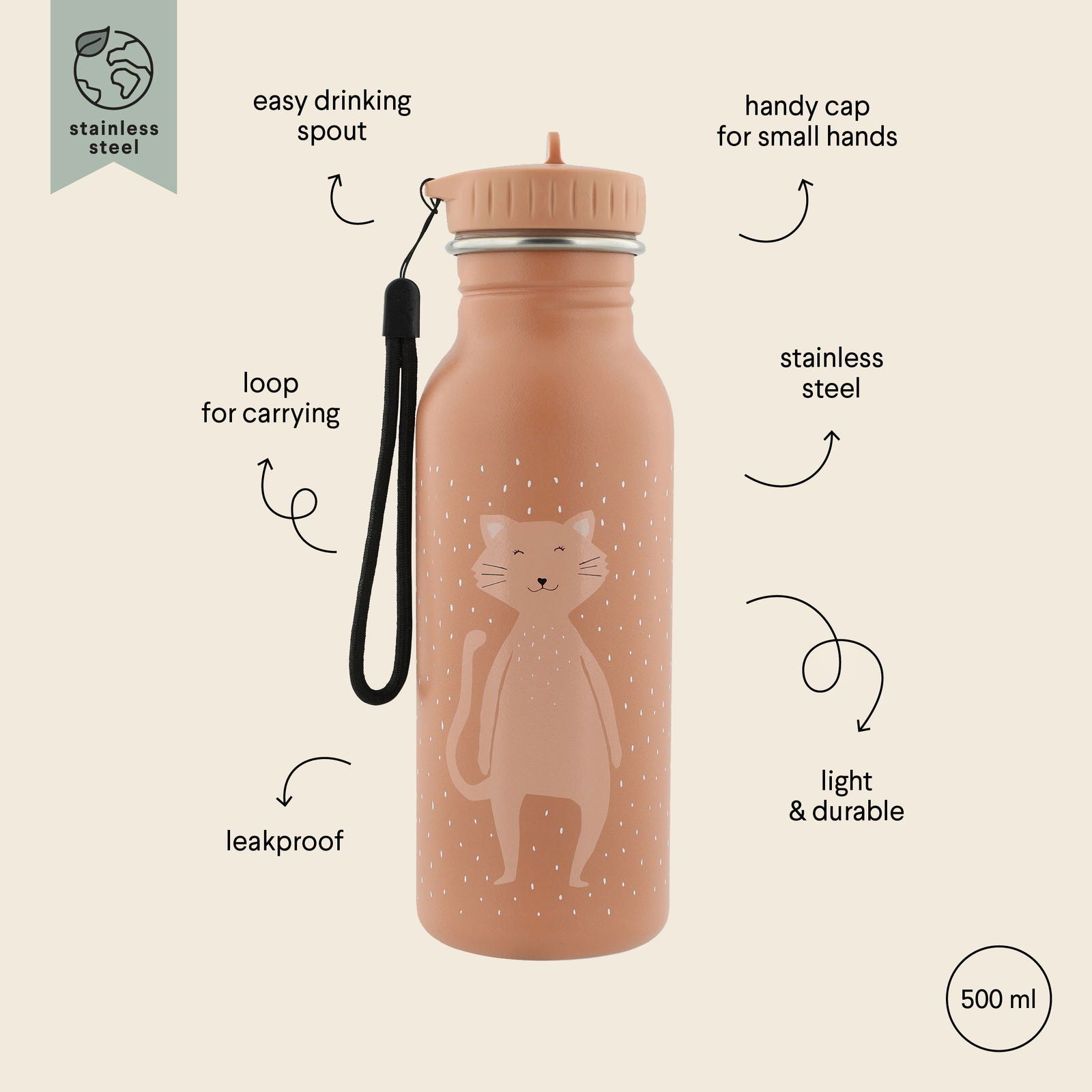Stainless Steel Bottle 500 ml - Mrs Cat - Kotikauppa
