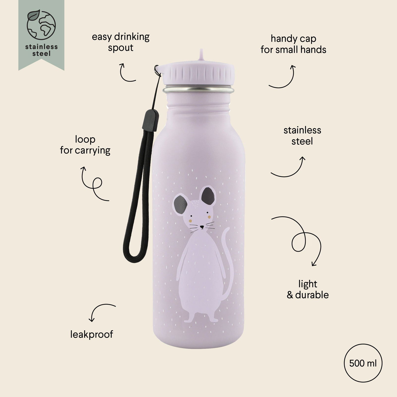 Stainless Steel Bottle 500 ml - Mrs Mouse - Kotikauppa