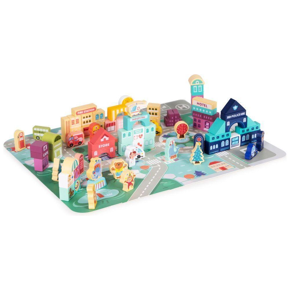 Wooden Blocks + Base City Set, 121 Pieces - Kotikauppa