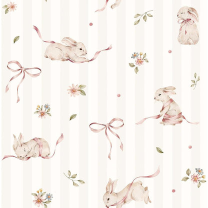 Pink Rabbits On Stripes Wallpaper