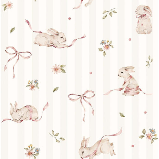 Pink Rabbits On Stripes Wallpaper