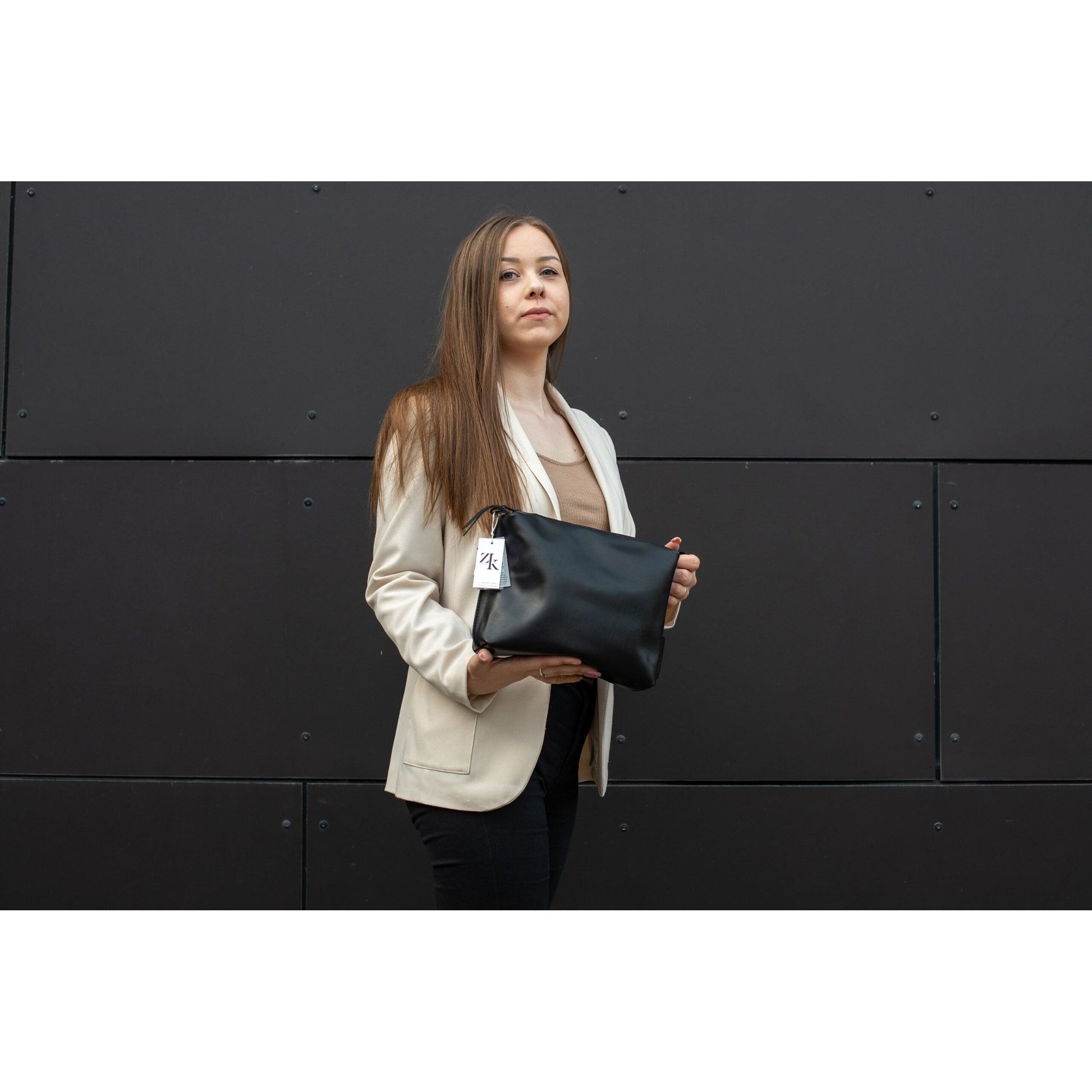 Leather Cosmetic Bag, Black - Large