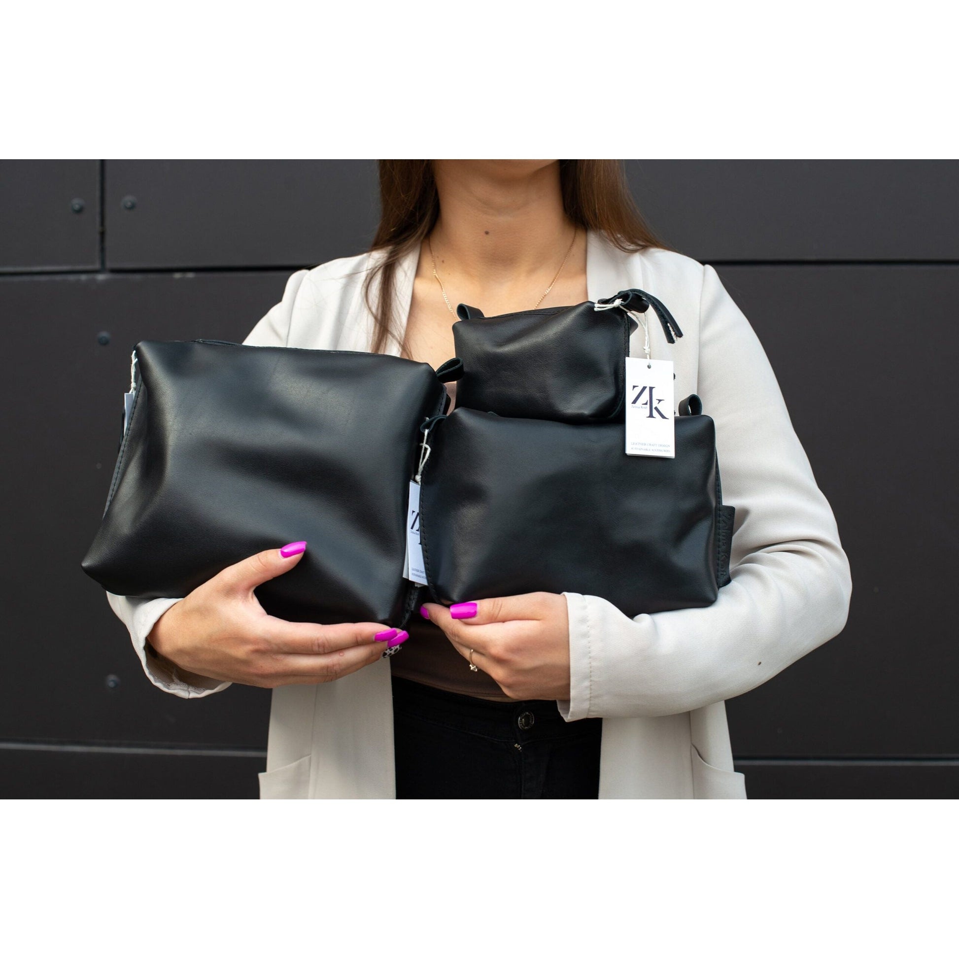 Leather Cosmetic Bag, Black - Large