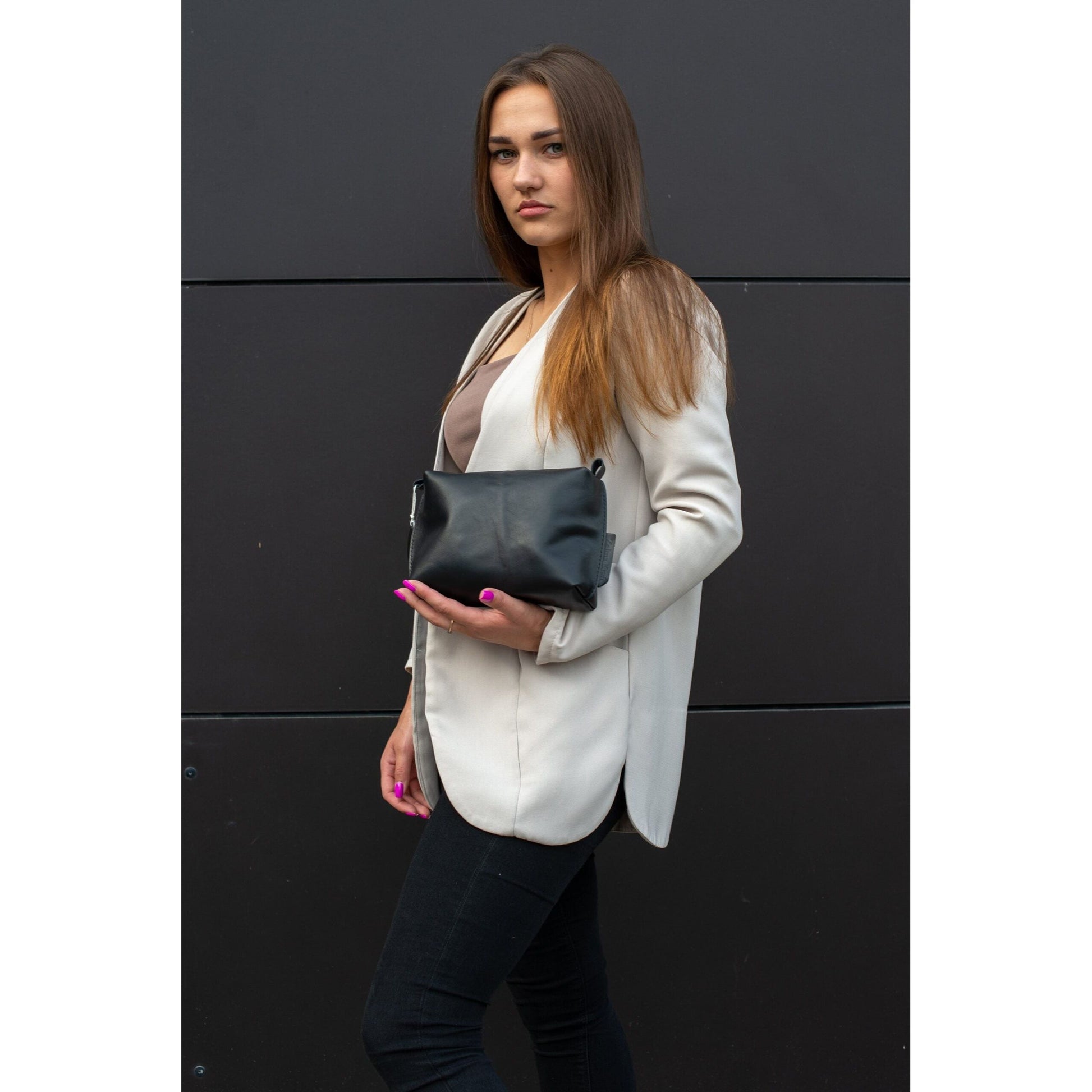 Leather Cosmetic Bag, Black - Medium