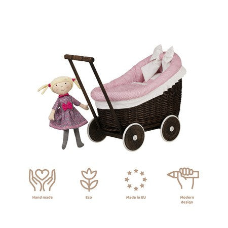 Dark Painted Wicker Doll Pram Luna – Pink Bedding
