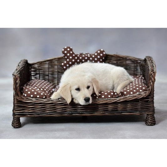 Dark Wicker Pet Bed Alfie With Cushion and Decorative Bone, 74×52 cm