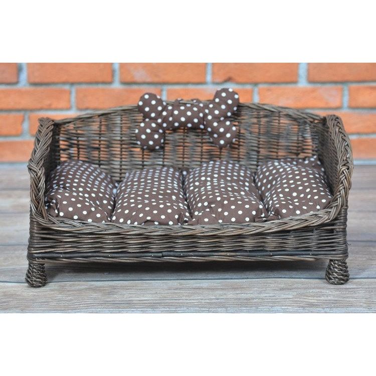 Dark Wicker Pet Bed Alfie With Cushion and Decorative Bone, 74×52 cm