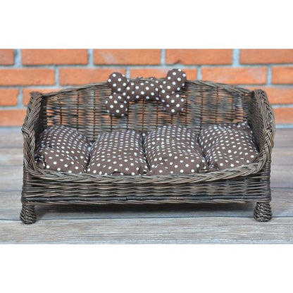 Dark Wicker Pet Bed Alfie With Cushion and Decorative Bone, 74×52 cm