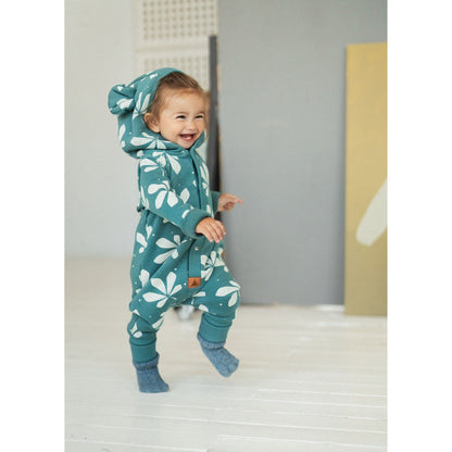 Eared Jumpsuit for Babies and Kids - Chestnut Leaves on Green