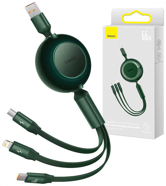 Baseus Bright Mirror 3 3-in-1 USB-latauskaapeli 66 W, 1,1 m – USB-C / Lightning / Micro USB, vihreä