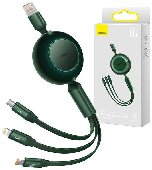Baseus Bright Mirror 3 3-in-1 USB-latauskaapeli 66 W, 1,1 m – USB-C / Lightning / Micro USB, vihreä