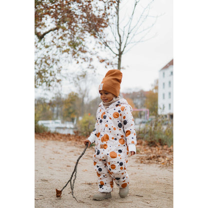 Winter Jumpsuit with Teddy Lining for Babies and Kids - Black and Orange Dots