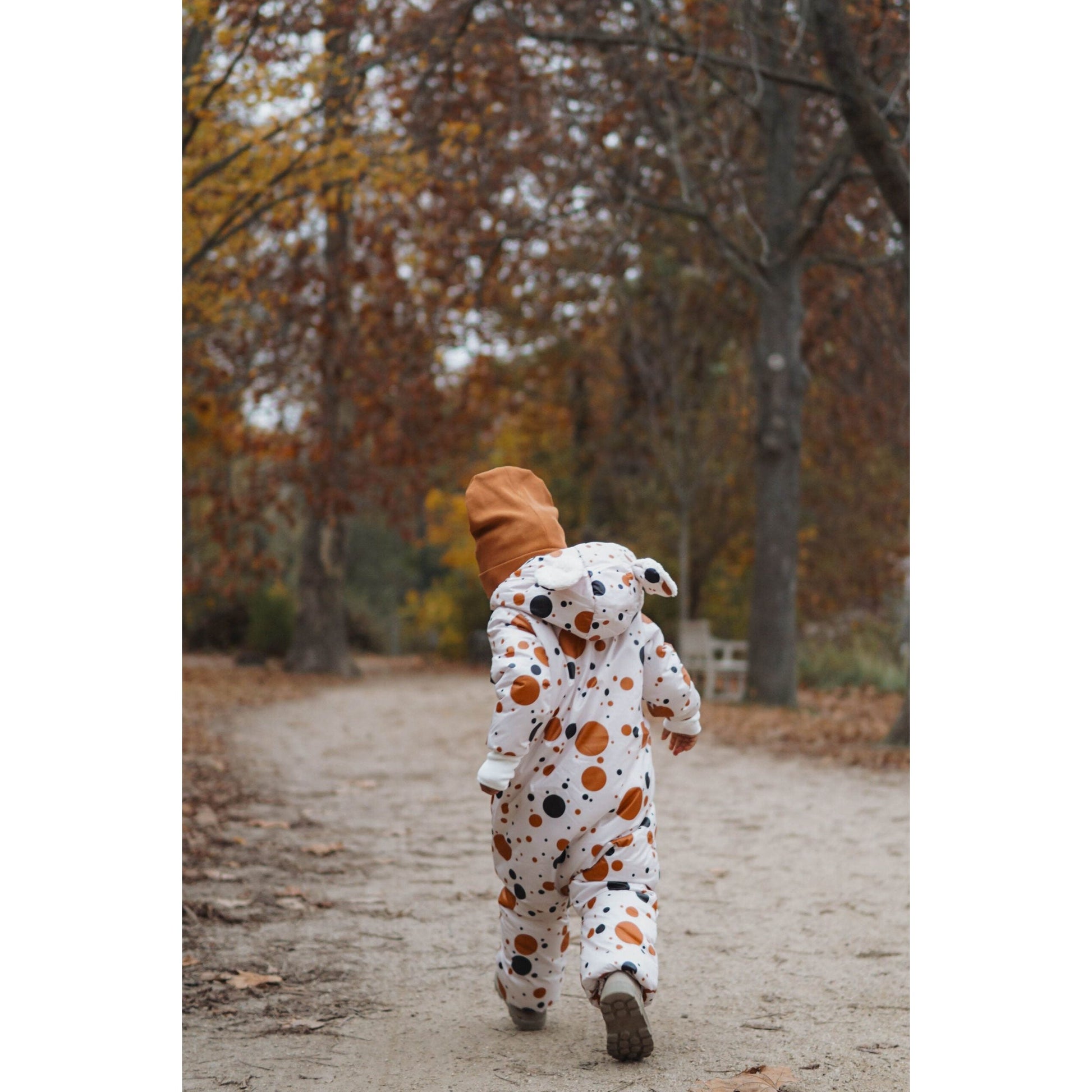 Winter Jumpsuit with Teddy Lining for Babies and Kids - Black and Orange Dots