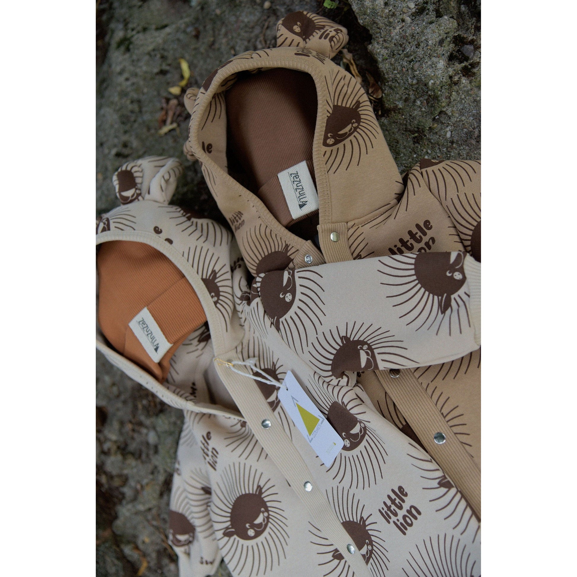 Eared Jumpsuit for Babies and Kids - Lion on Cacao