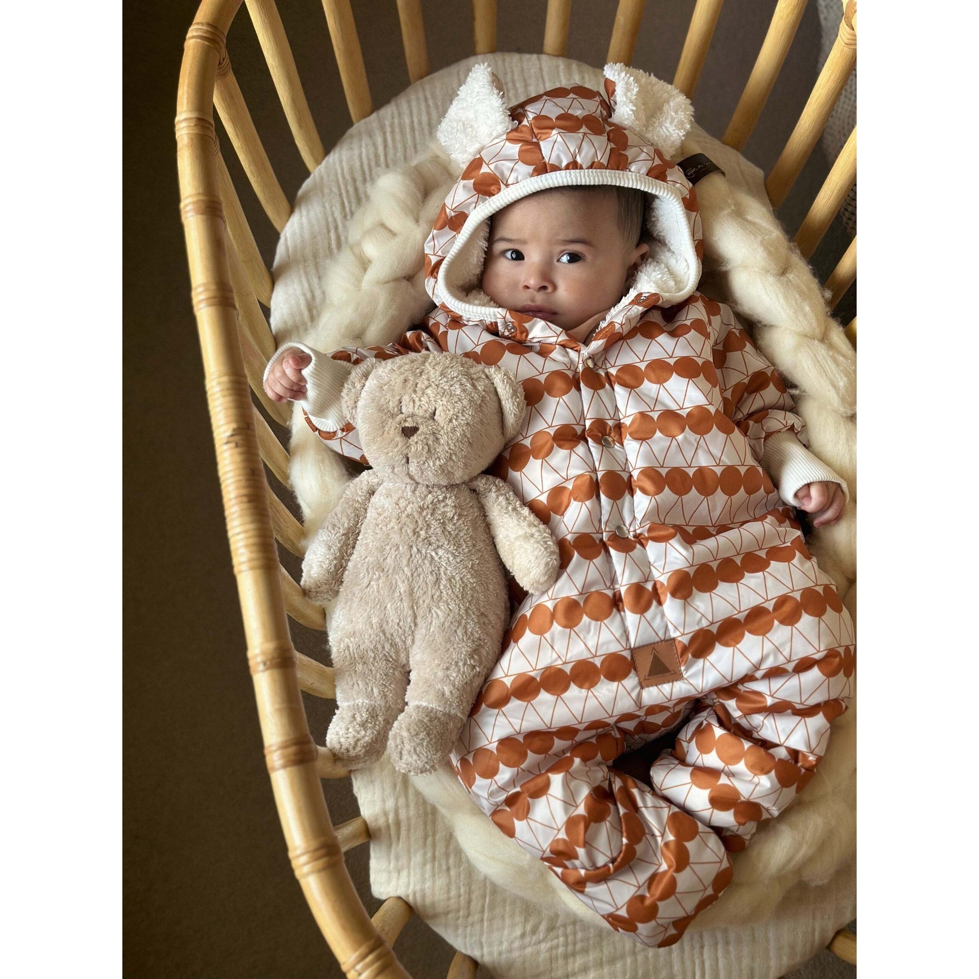 Winter Jumpsuit with Teddy Lining for Babies and Kids - Orange Dots