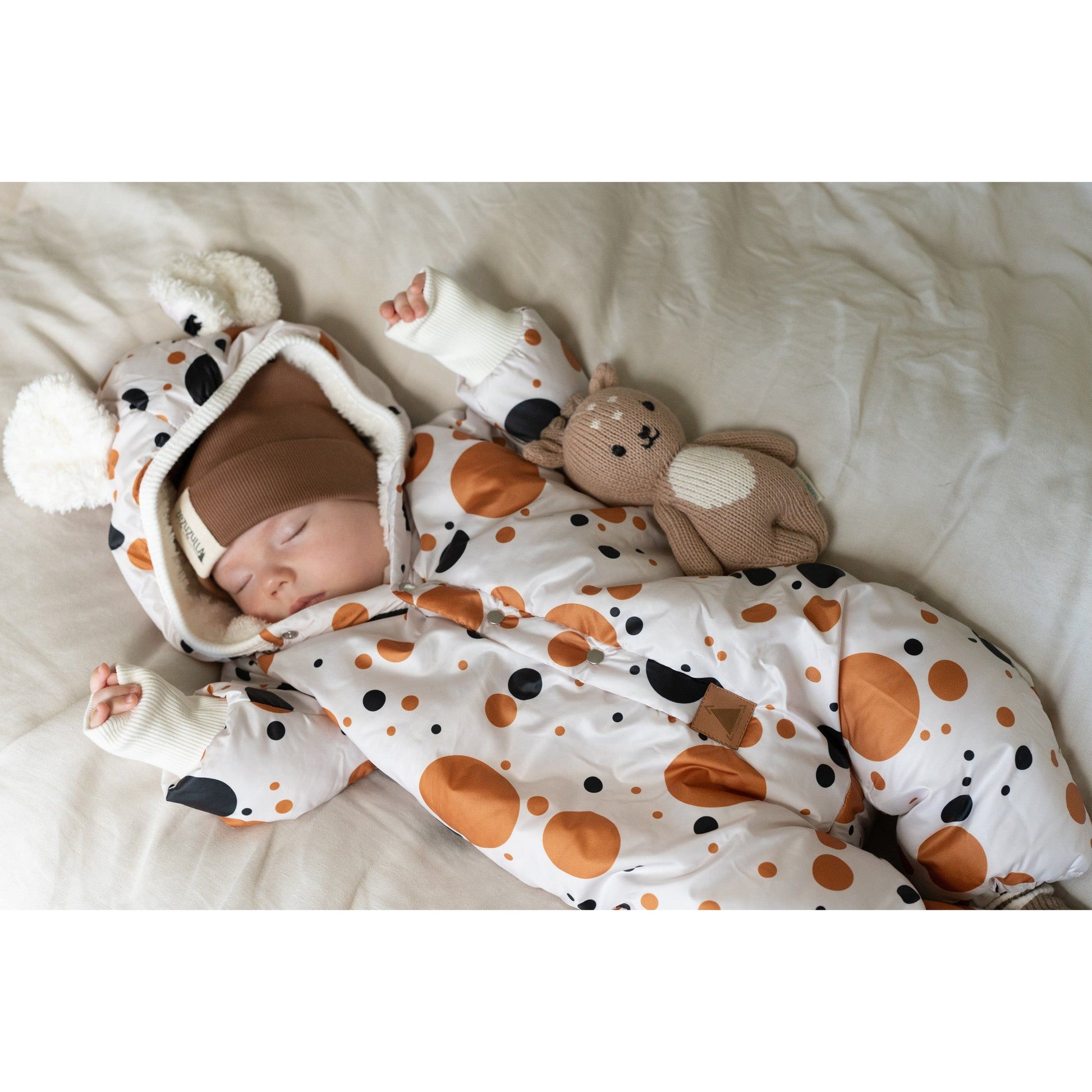 Winter Jumpsuit with Teddy Lining for Babies and Kids - Black and Orange Dots