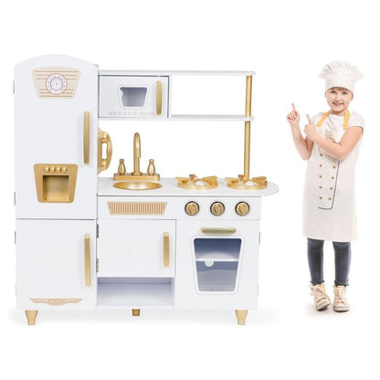 Large White and Gold Wooden Play Kitchen for Children