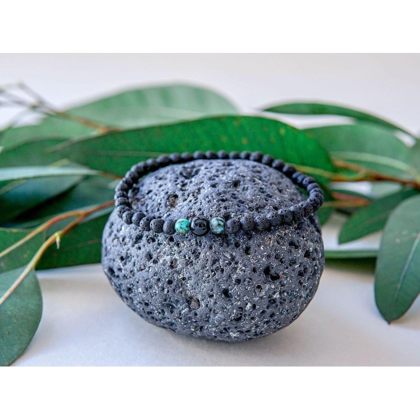 Lava Bracelet with 4mm Onyx and Turquoise for Men