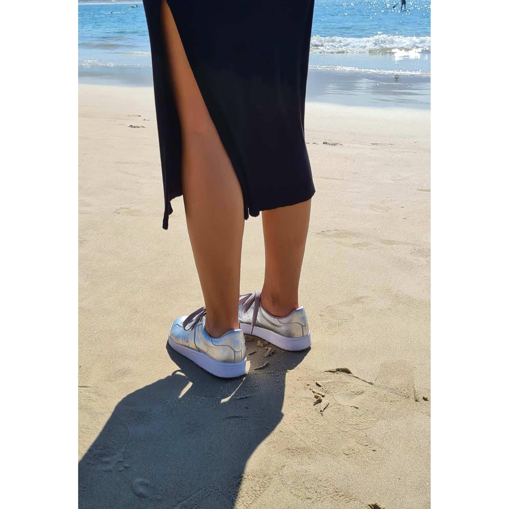 Women's Leather Sneakers - Metallic Silver