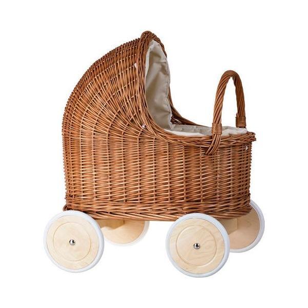 Natural Wicker Doll Pram – Beige Bedding