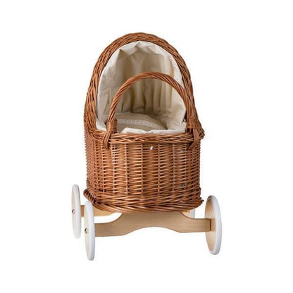 Natural Wicker Doll Pram – Beige Bedding