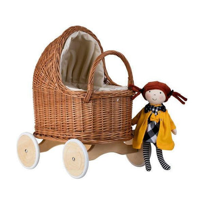 Natural Wicker Doll Pram – Beige Bedding