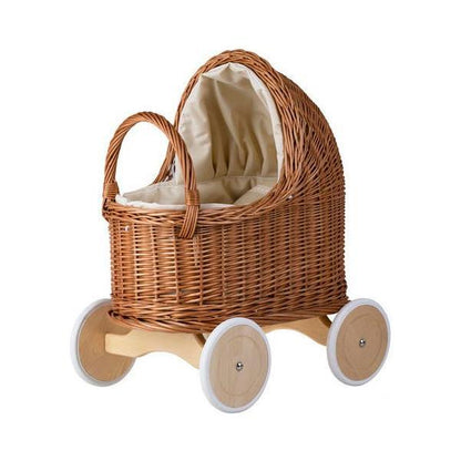 Natural Wicker Doll Pram – Beige Bedding