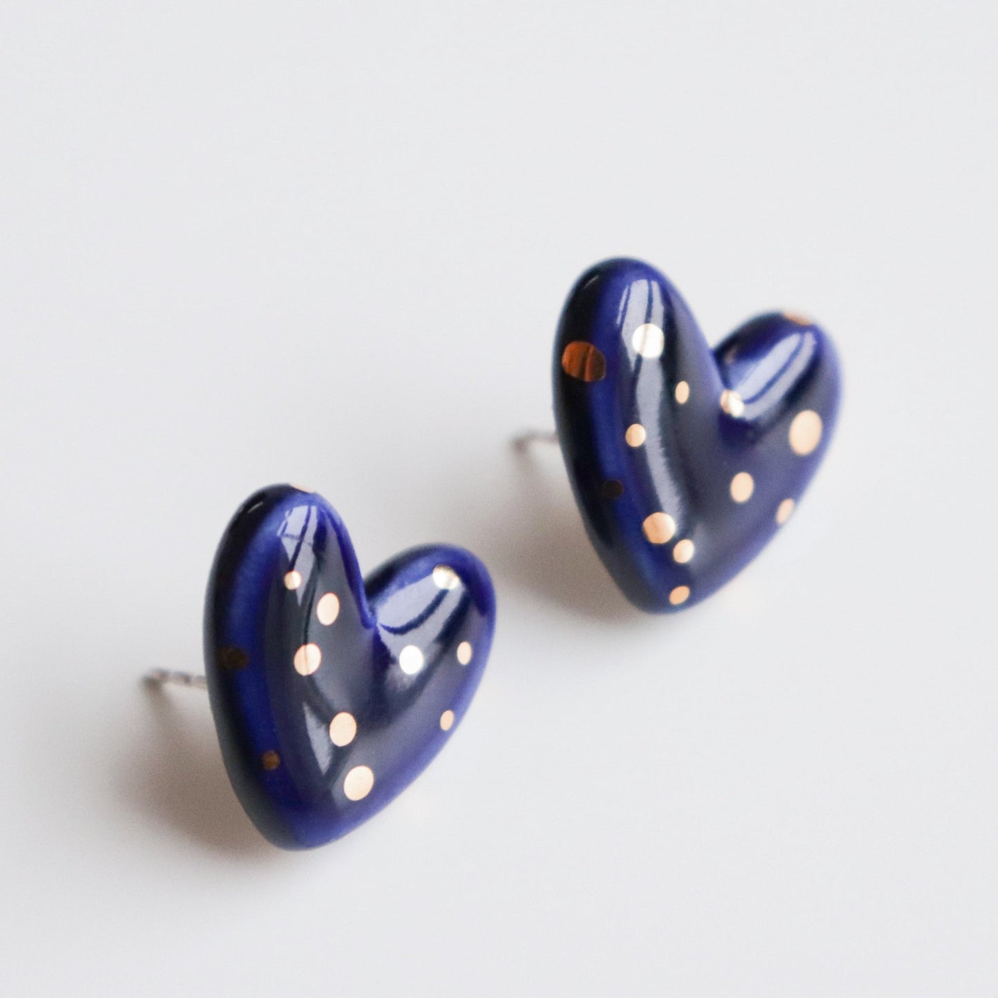 Dotted Porcelain Heart Studs -  Blue