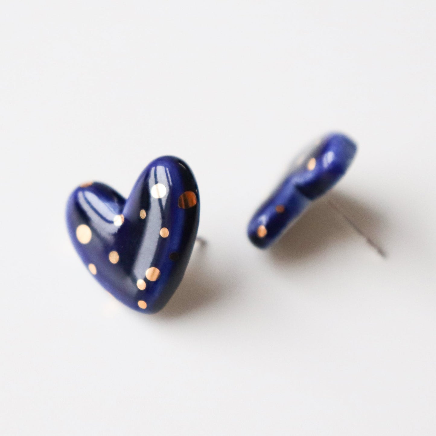 Dotted Porcelain Heart Studs -  Blue