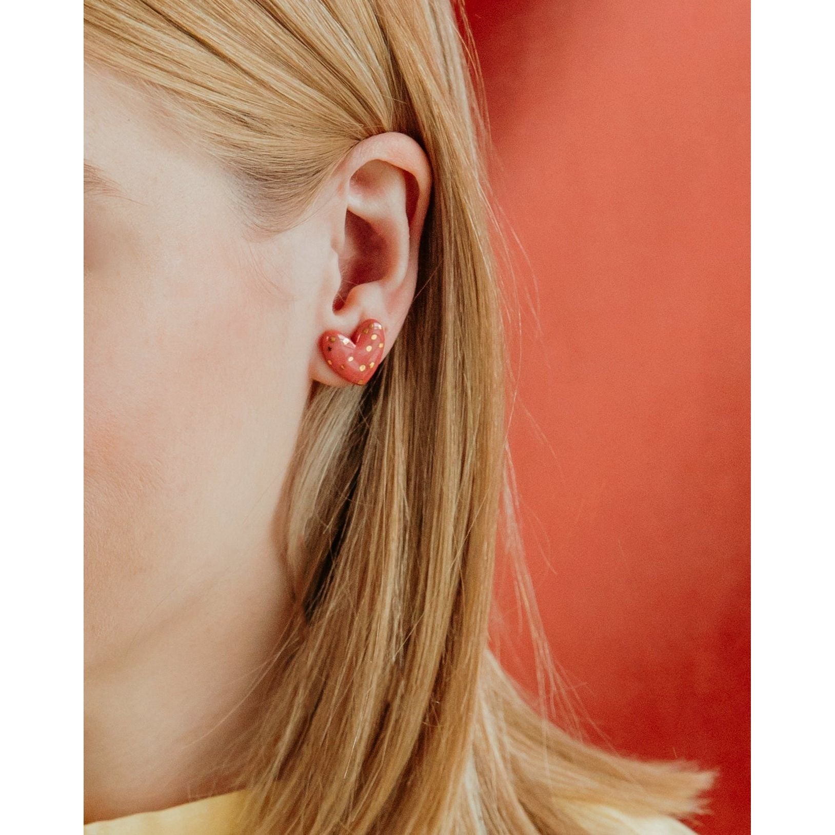 Dotted Porcelain Heart Studs -  Pink