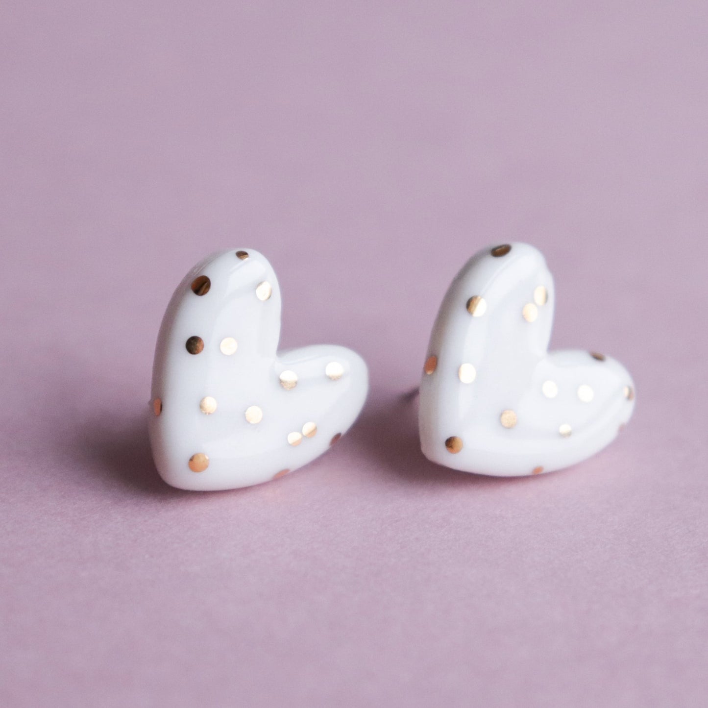 Dotted Porcelain Heart Studs -  White
