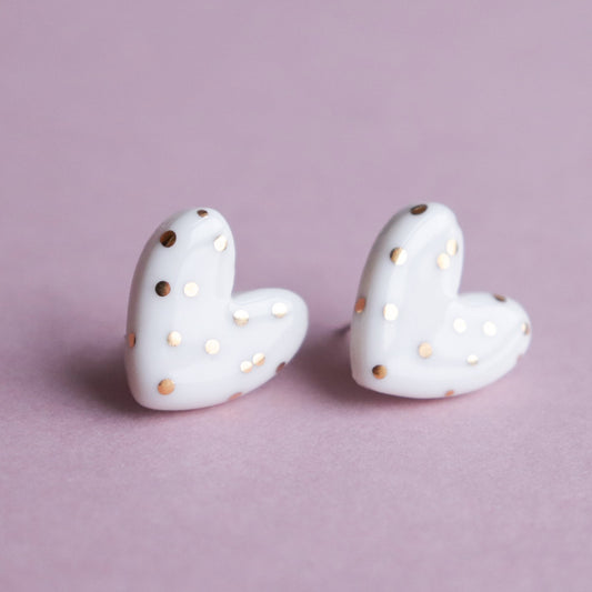 Dotted Porcelain Heart Studs -  White