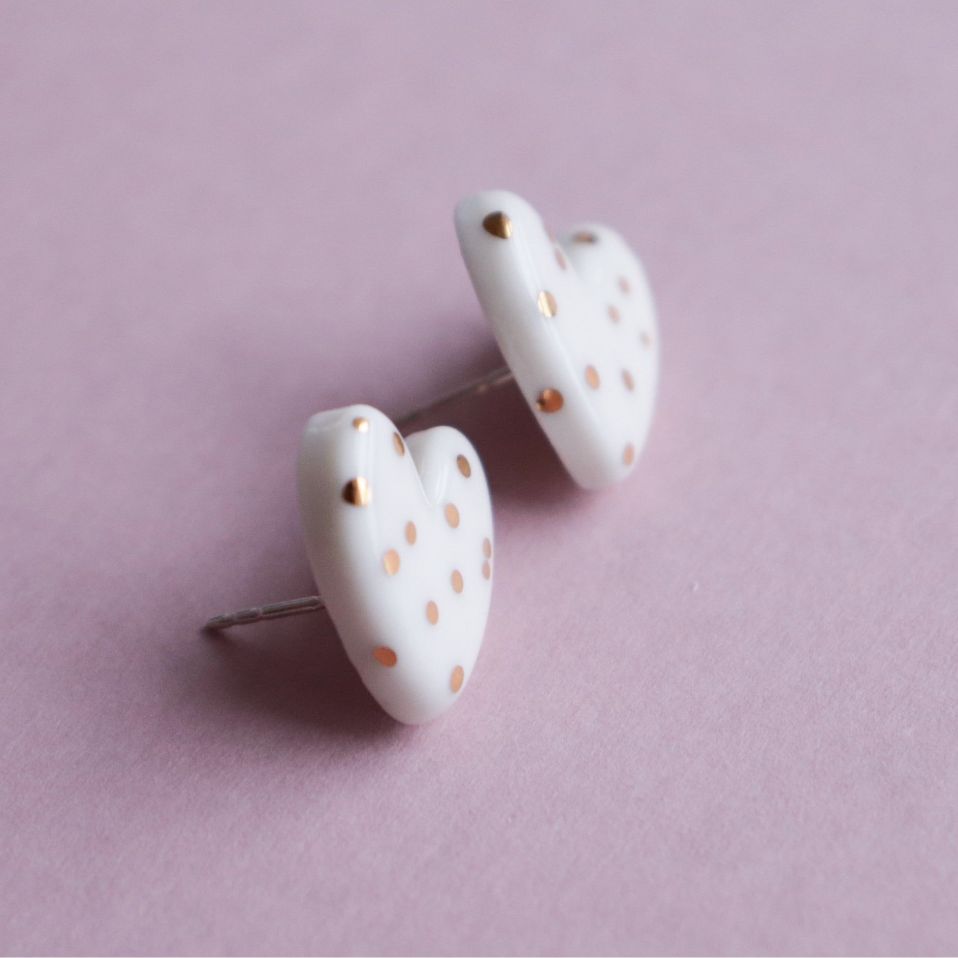 Dotted Porcelain Heart Studs -  White