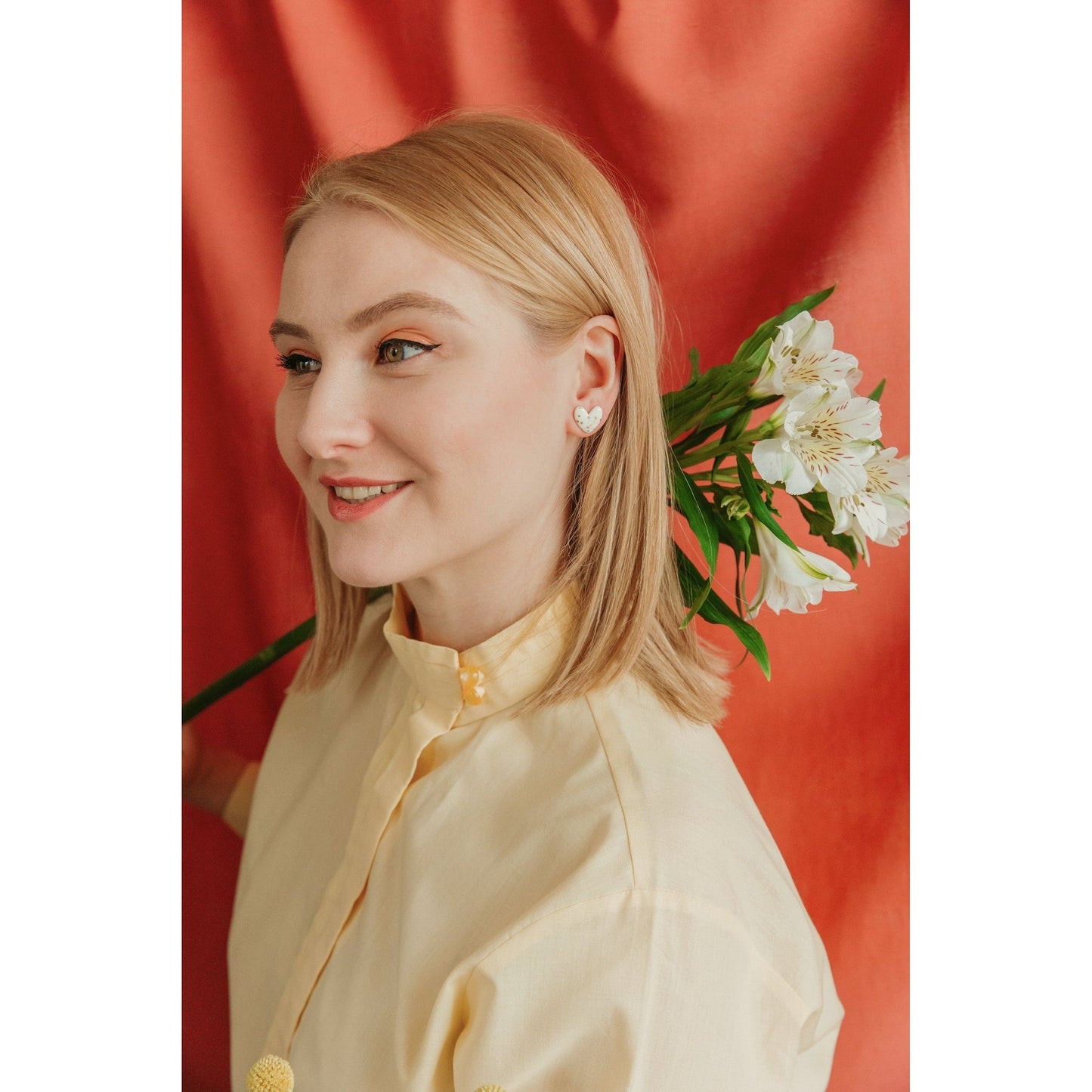 Dotted Porcelain Heart Studs -  White