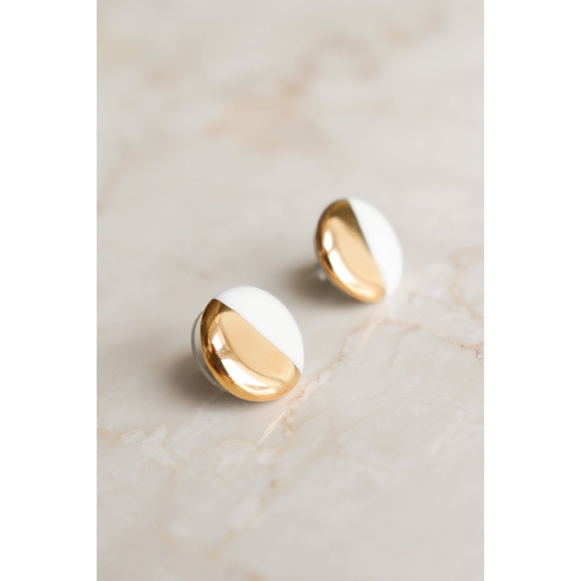 Porcelain Round Stud Earrings - White and Gold