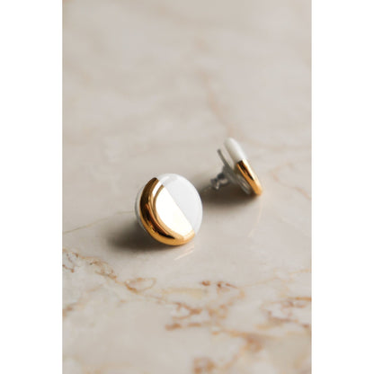 Porcelain Round Stud Earrings - White and Gold