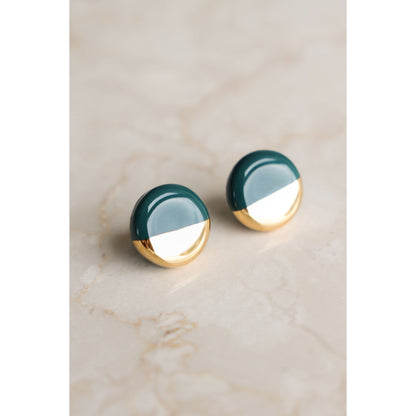Porcelain Round Stud Earrings - Green and Gold