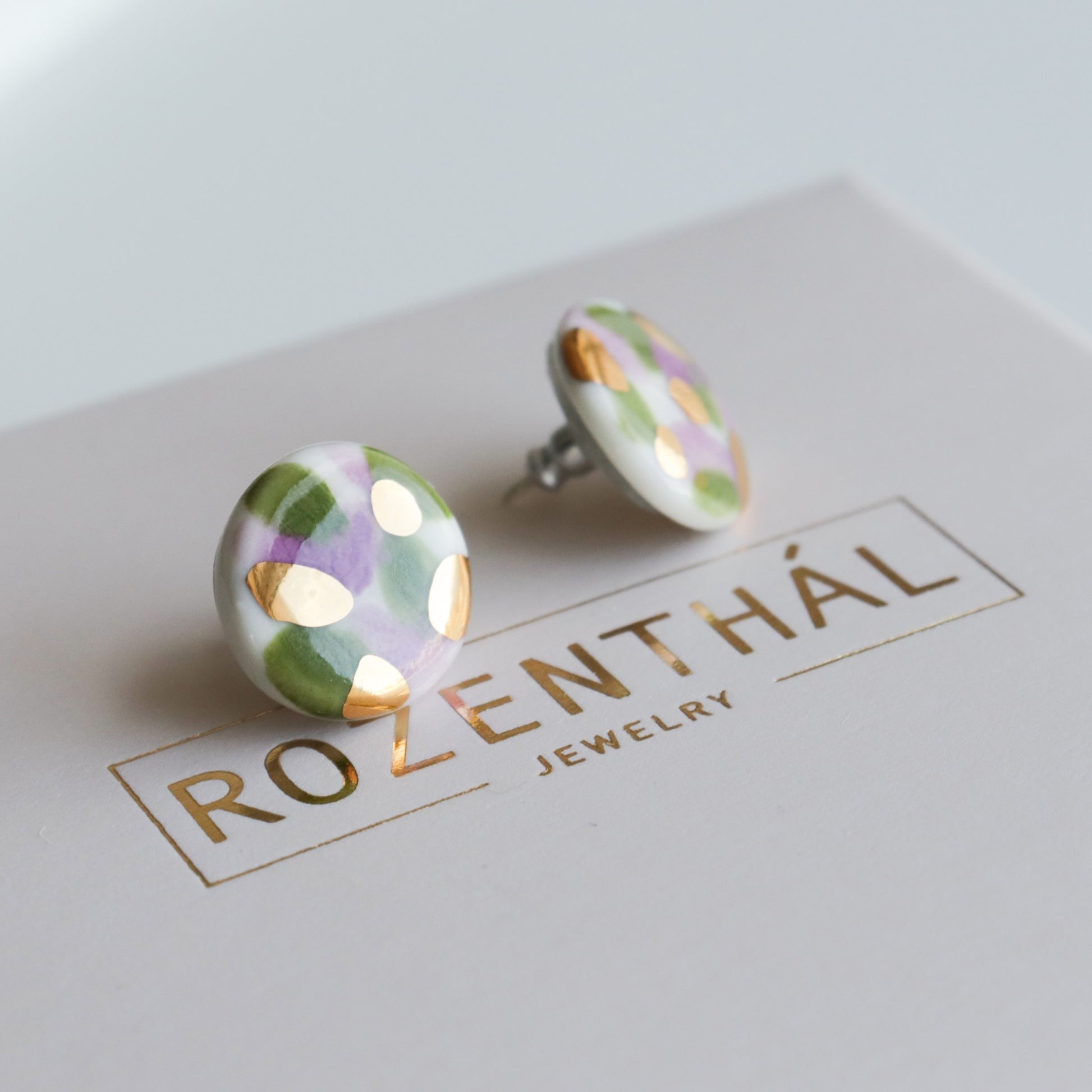 Porcelain Tache Studs -  Green and Violet