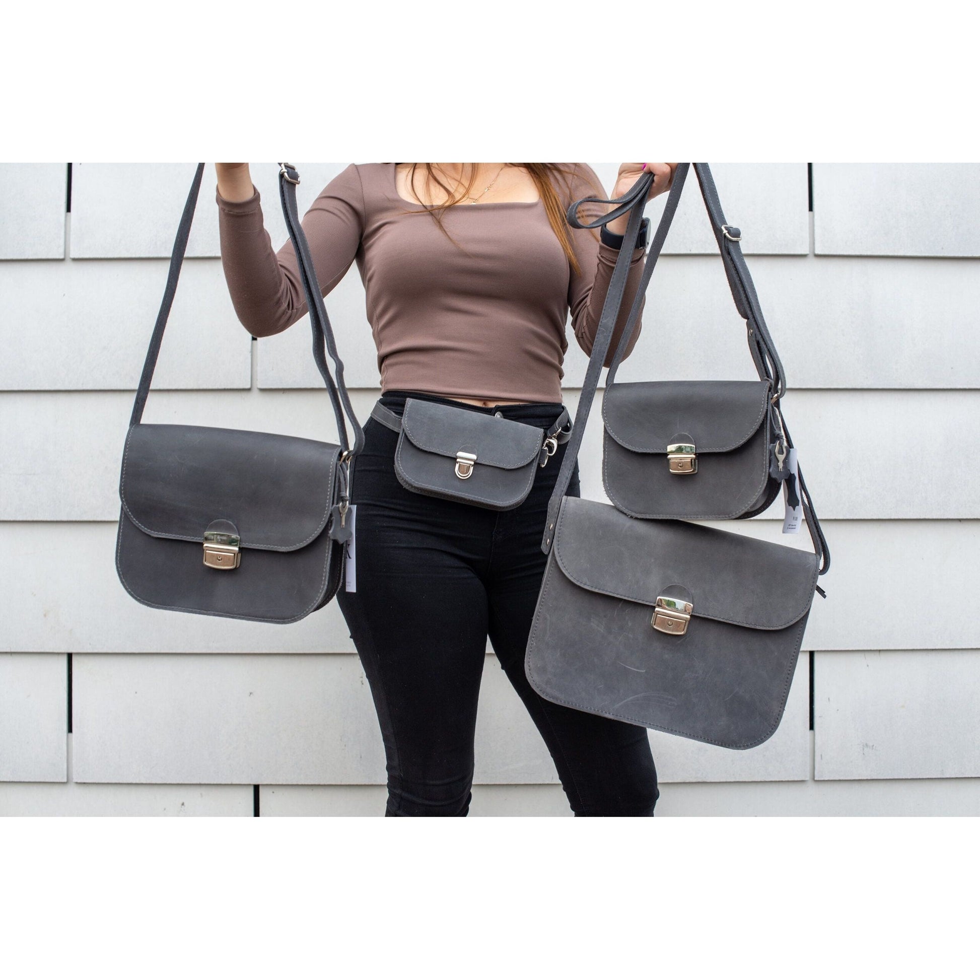 Natural Leather Saddle Bag Medium – Grey