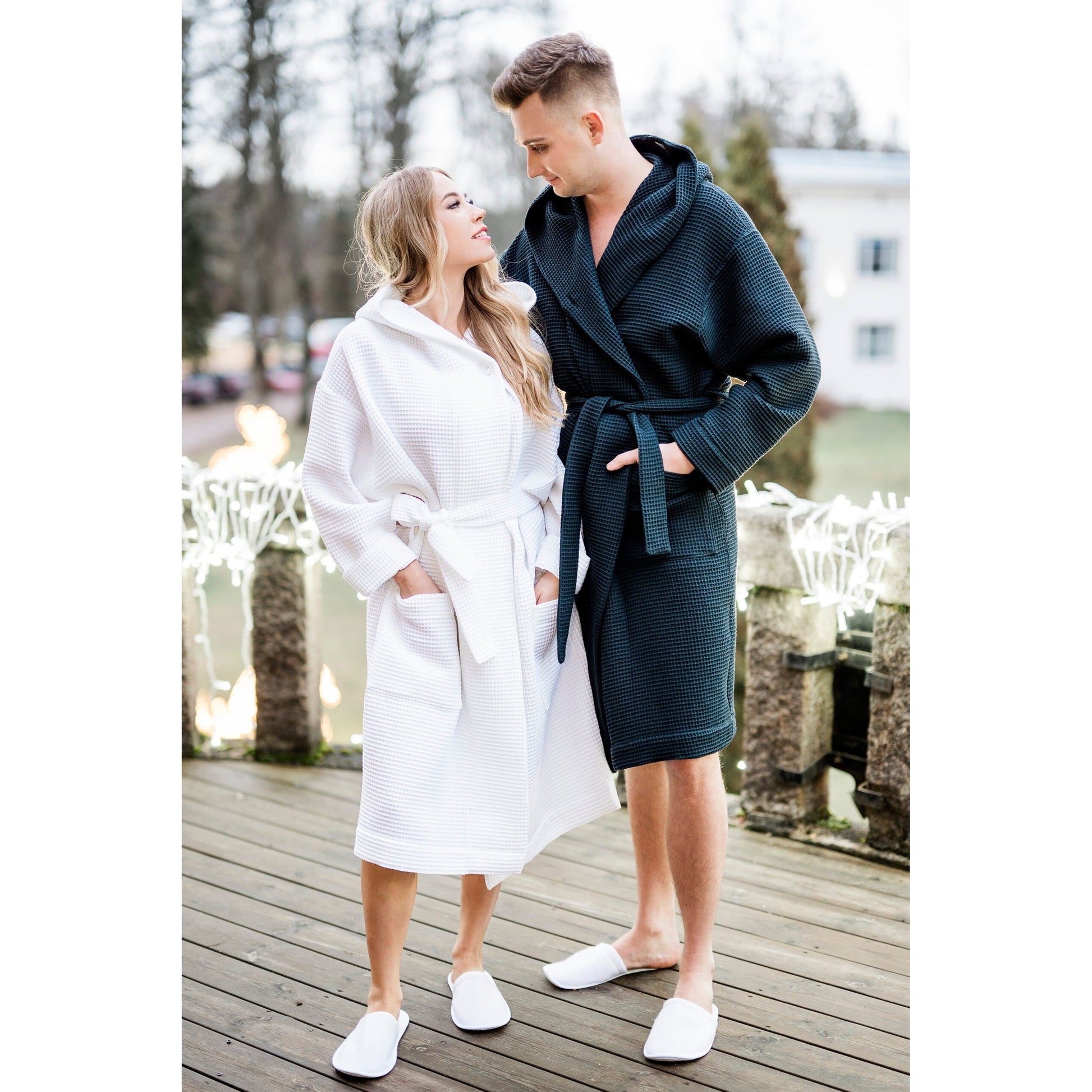 Waffle Cotton UNISEX Robe with Hood - White